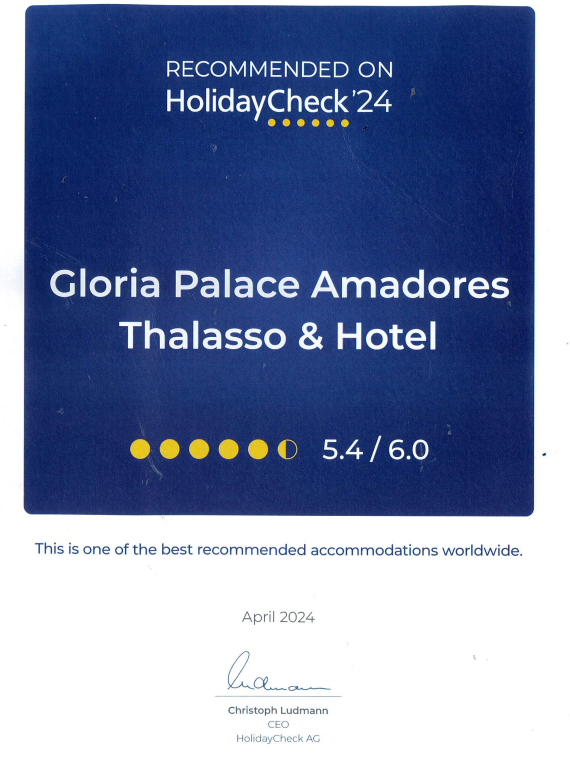 Unsere Hotels Gloria Palace Thalasso &amp; Hotel und San Agustin Thalasso &amp; Hotel erhalten die Zertifizierung &#8220;HolidayCheck 2024&#8221;. - Gloria Thalasso &amp; Hotels